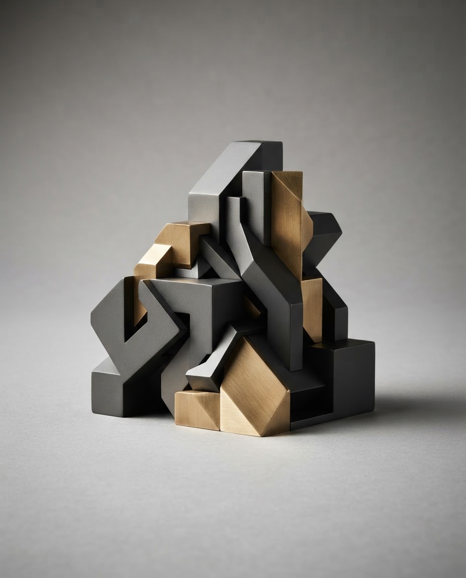 Sculptural geometric forms in charcoal and brushed brass