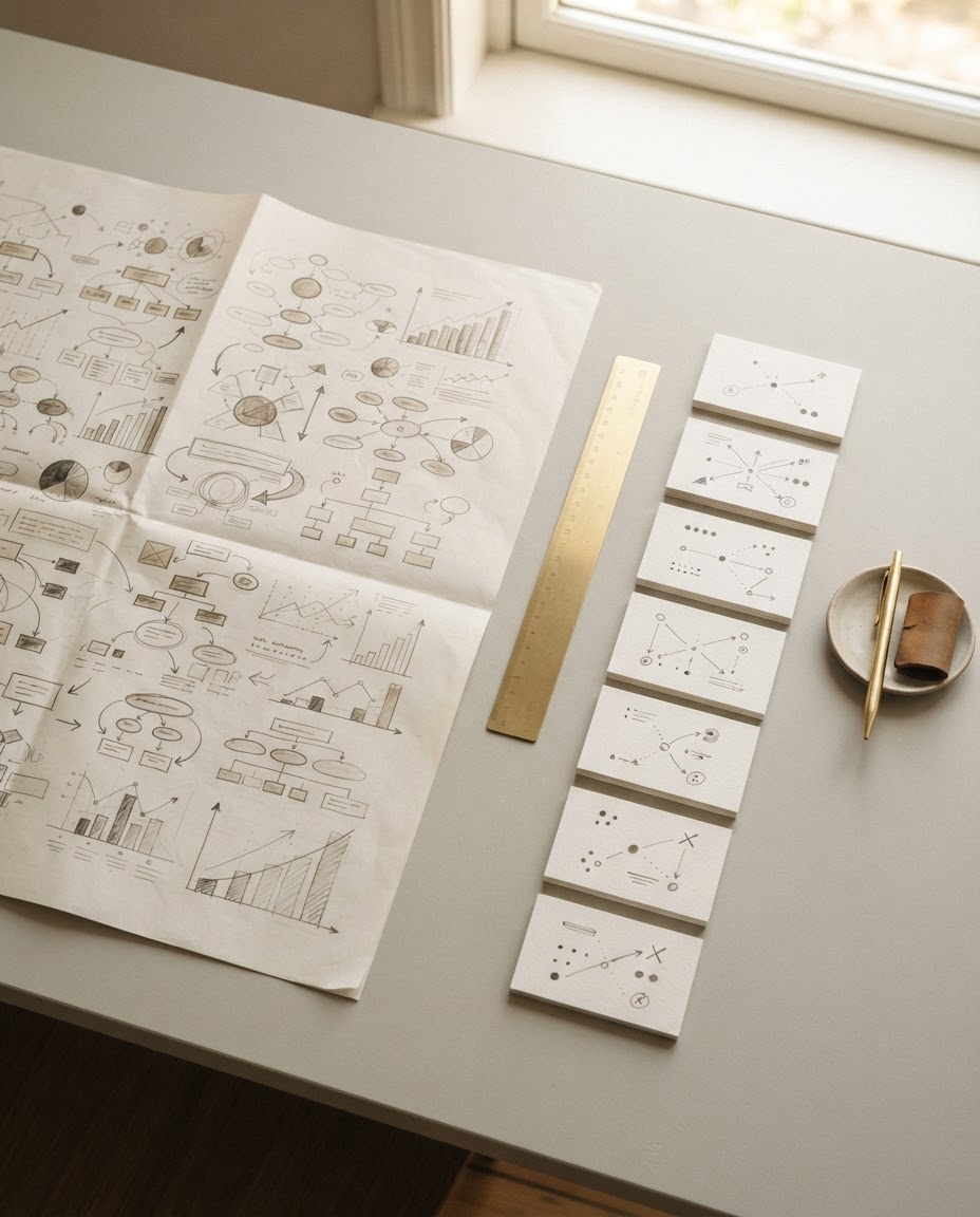 Overhead view of strategy diagrams and planning cards on a desk