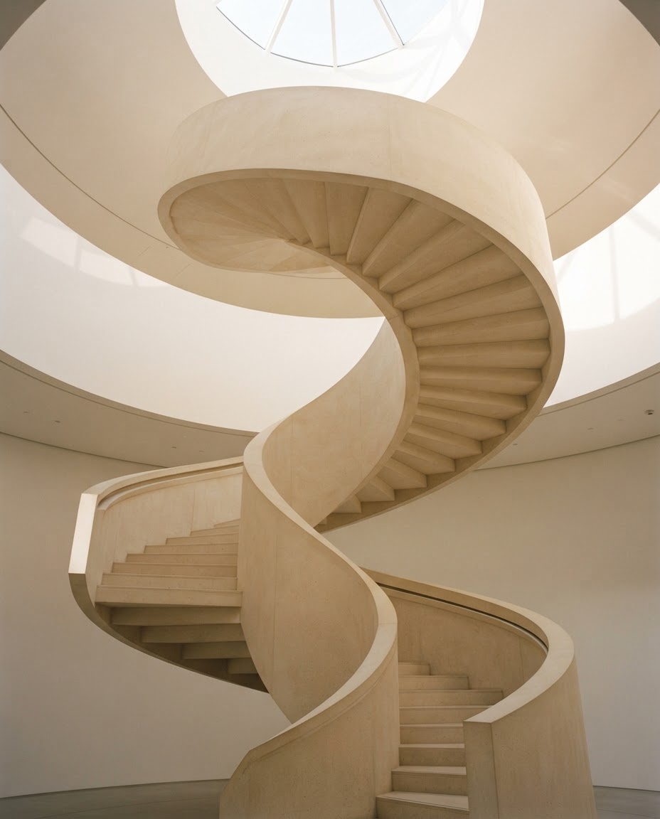 Upward-sweeping architectural staircase in warm light