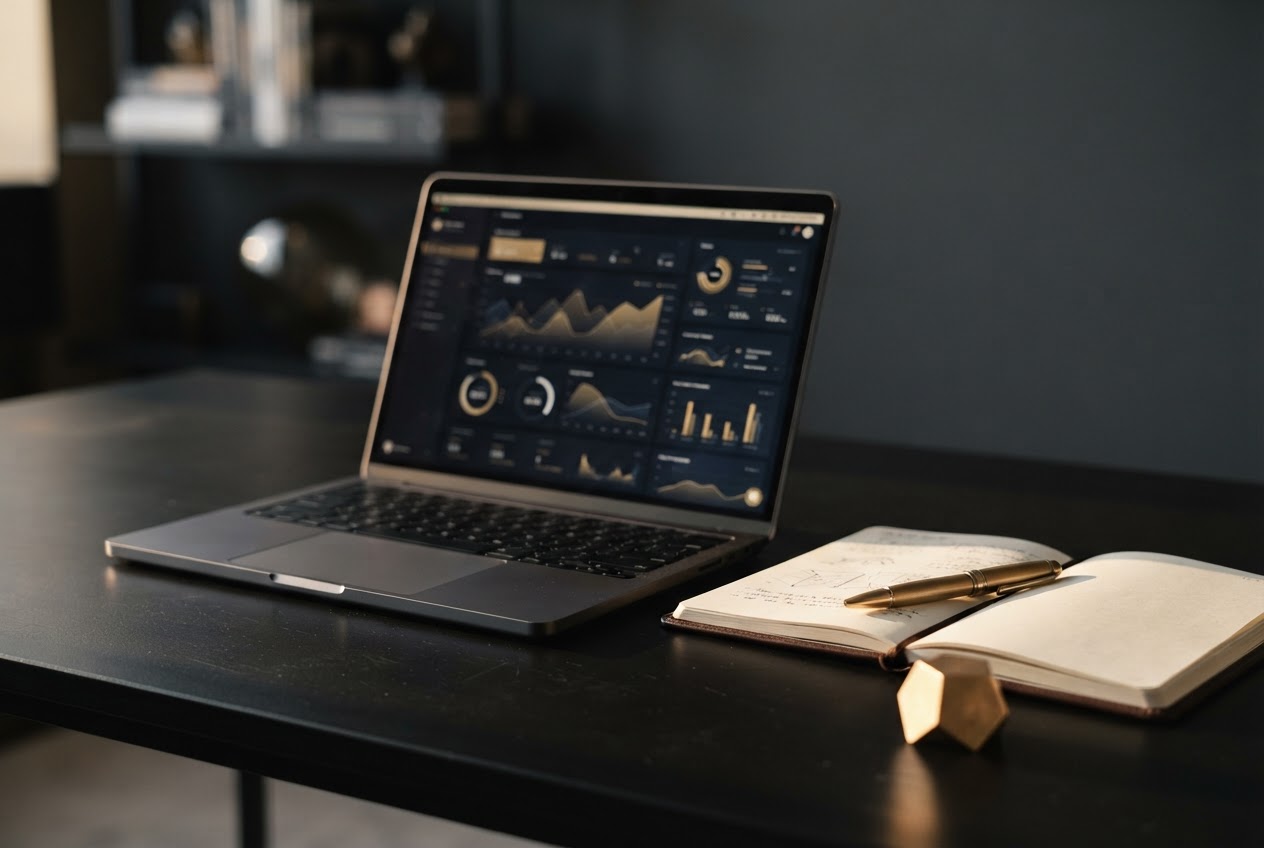 Executive workspace with a laptop showing a business dashboard