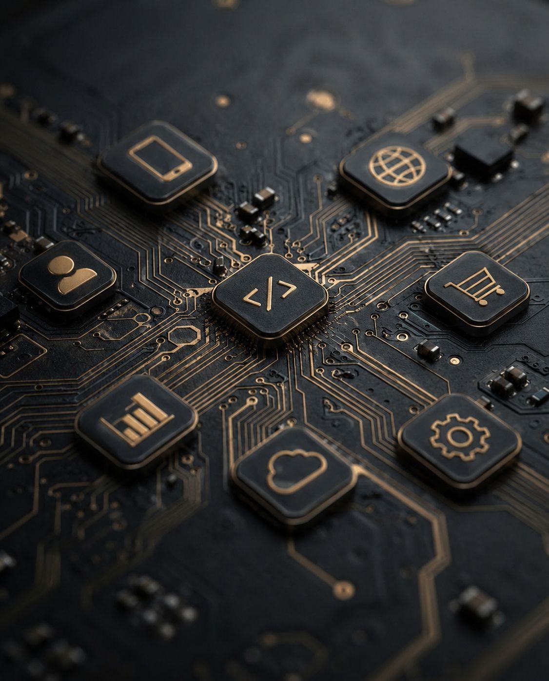 Close-up of a circuit architecture with fine gold traces