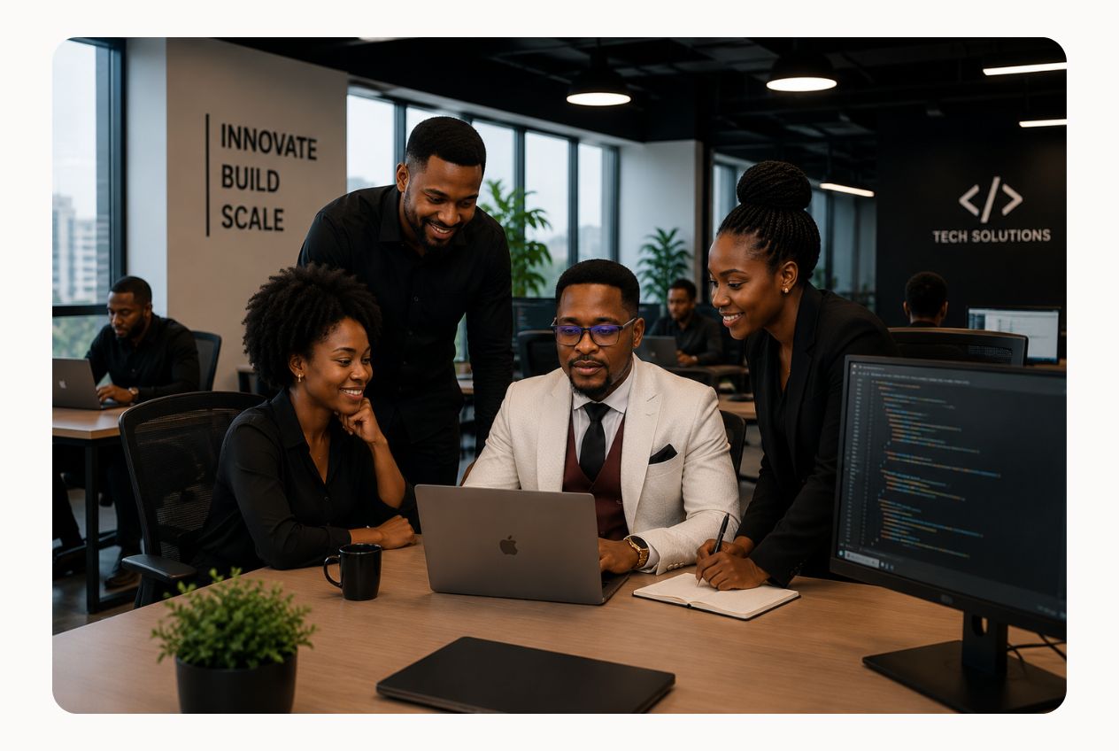 Team collaborating around a table in a bright modern office