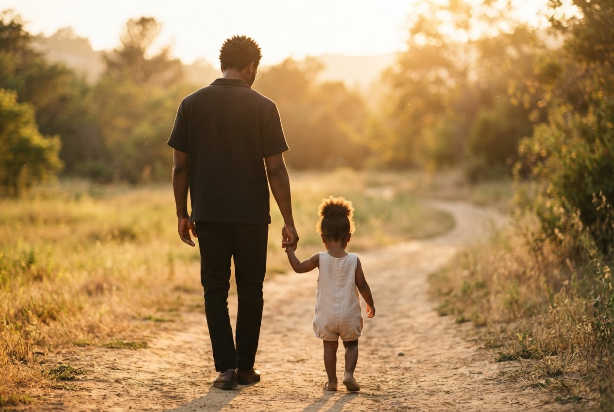 A father and his young child walking together at golden hour